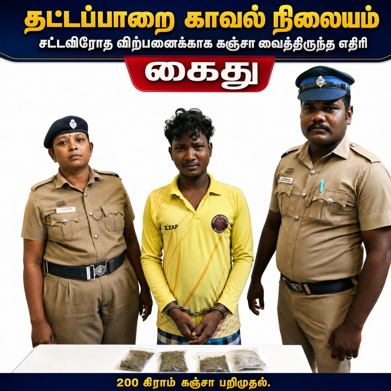 தூத்துக்குடி அருகே 200 கிராம் கஞ்சாவுடன் இளைஞர் கைது: தட்டப்பாறை போலீசார் நடவடிக்கை!!